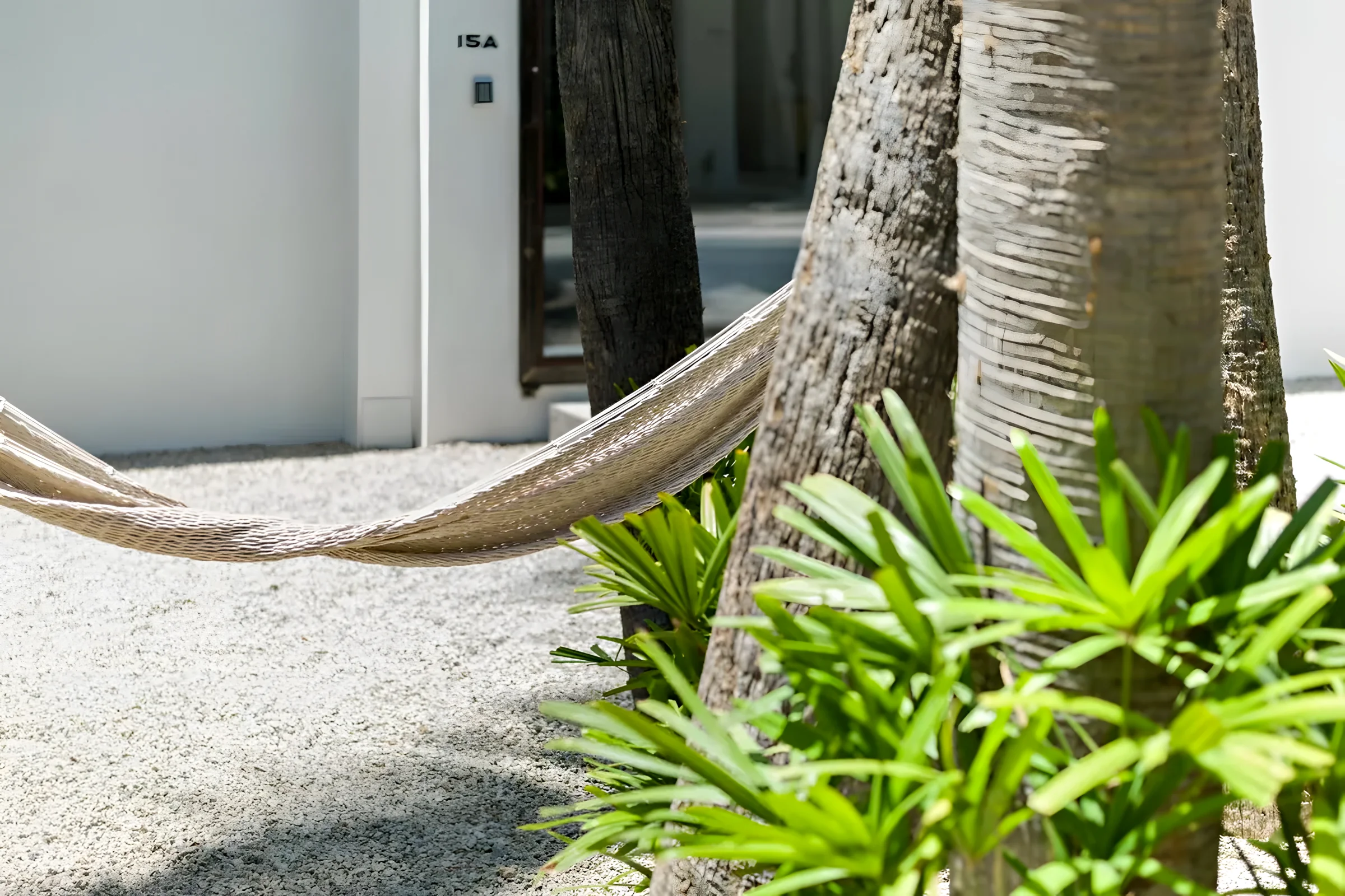 Woven hammock strung between palm trunks outside a white guest room at Drift San José del Cabo