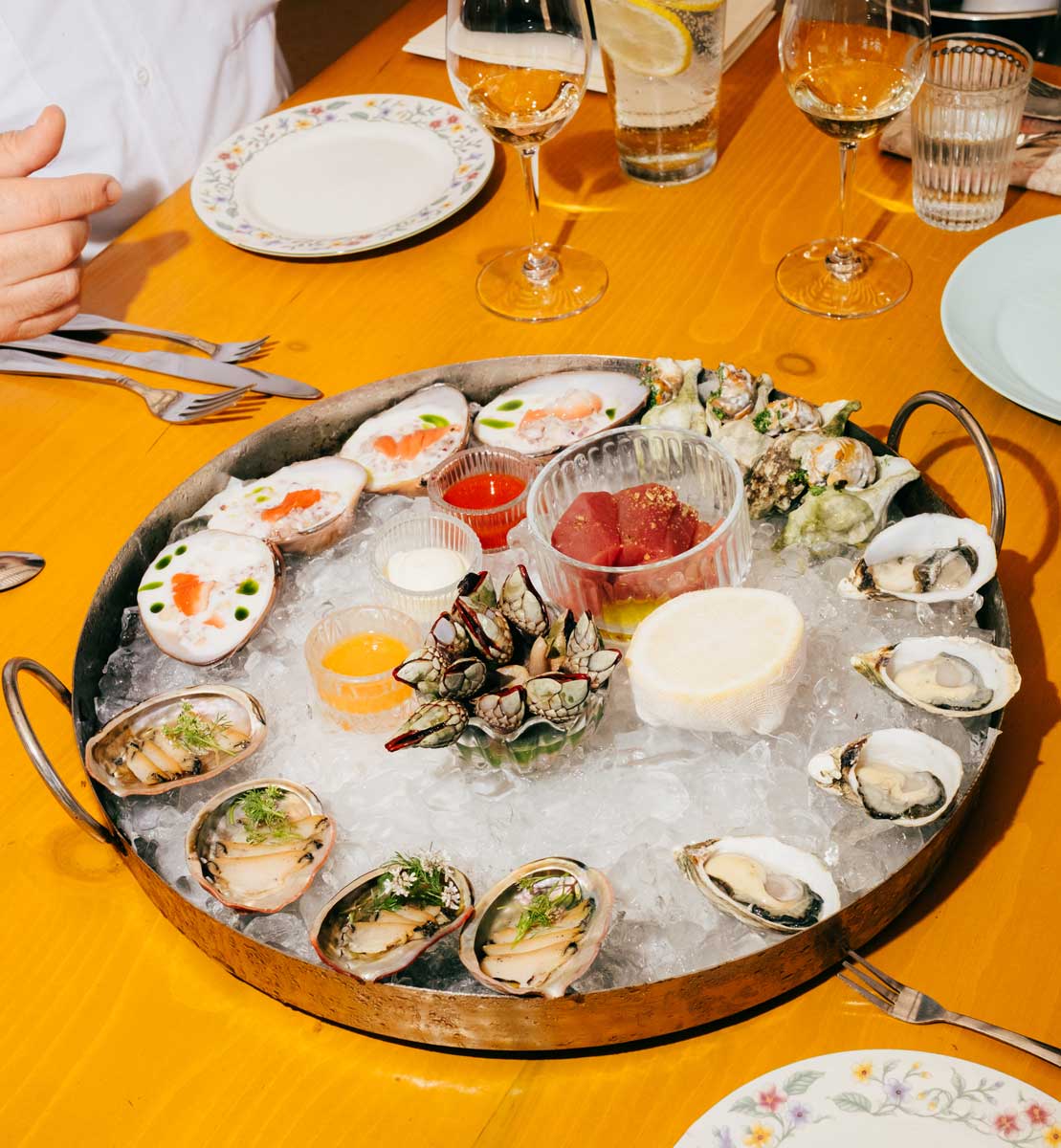 A tray of oysters, abalone, tuna and ceviche on ice at Amara in Cabo San Lucas